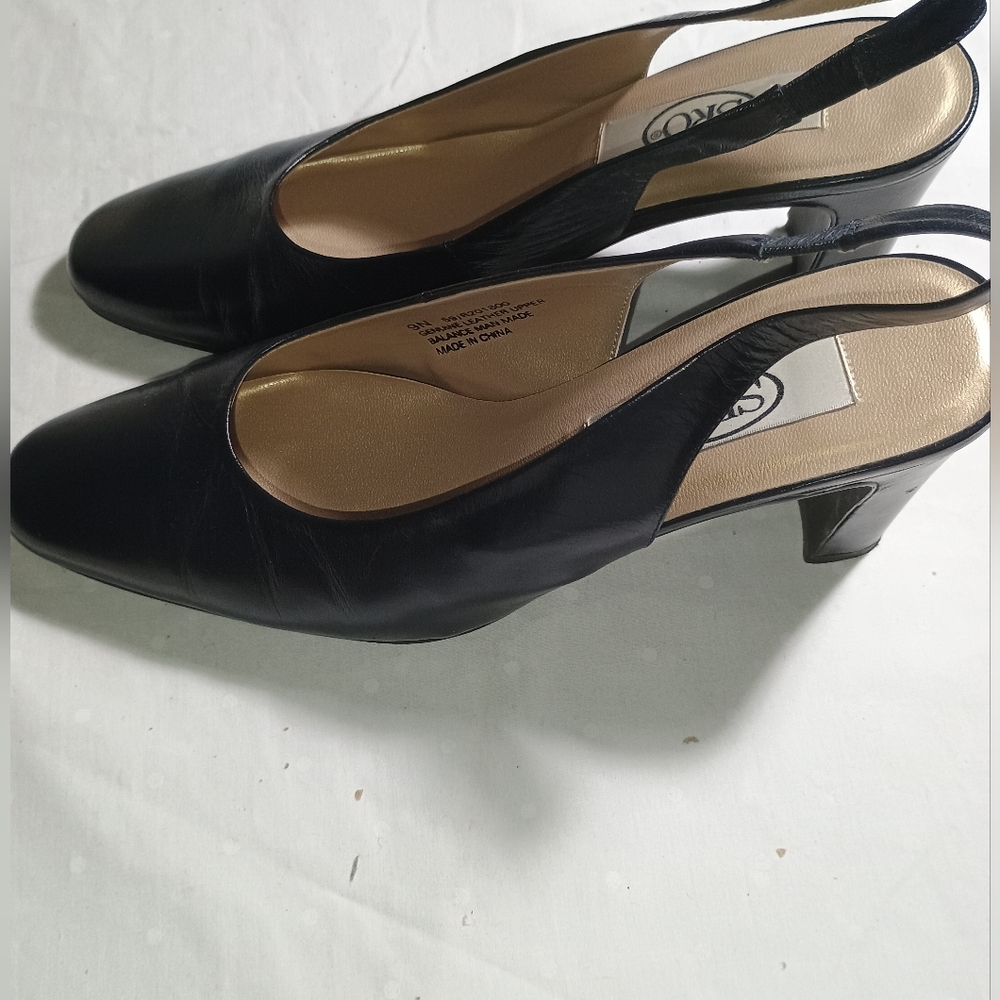 Vintage SRO Navy Blue Sling Back Heels Size 9N Leather Pocono - Picture 3 of 13